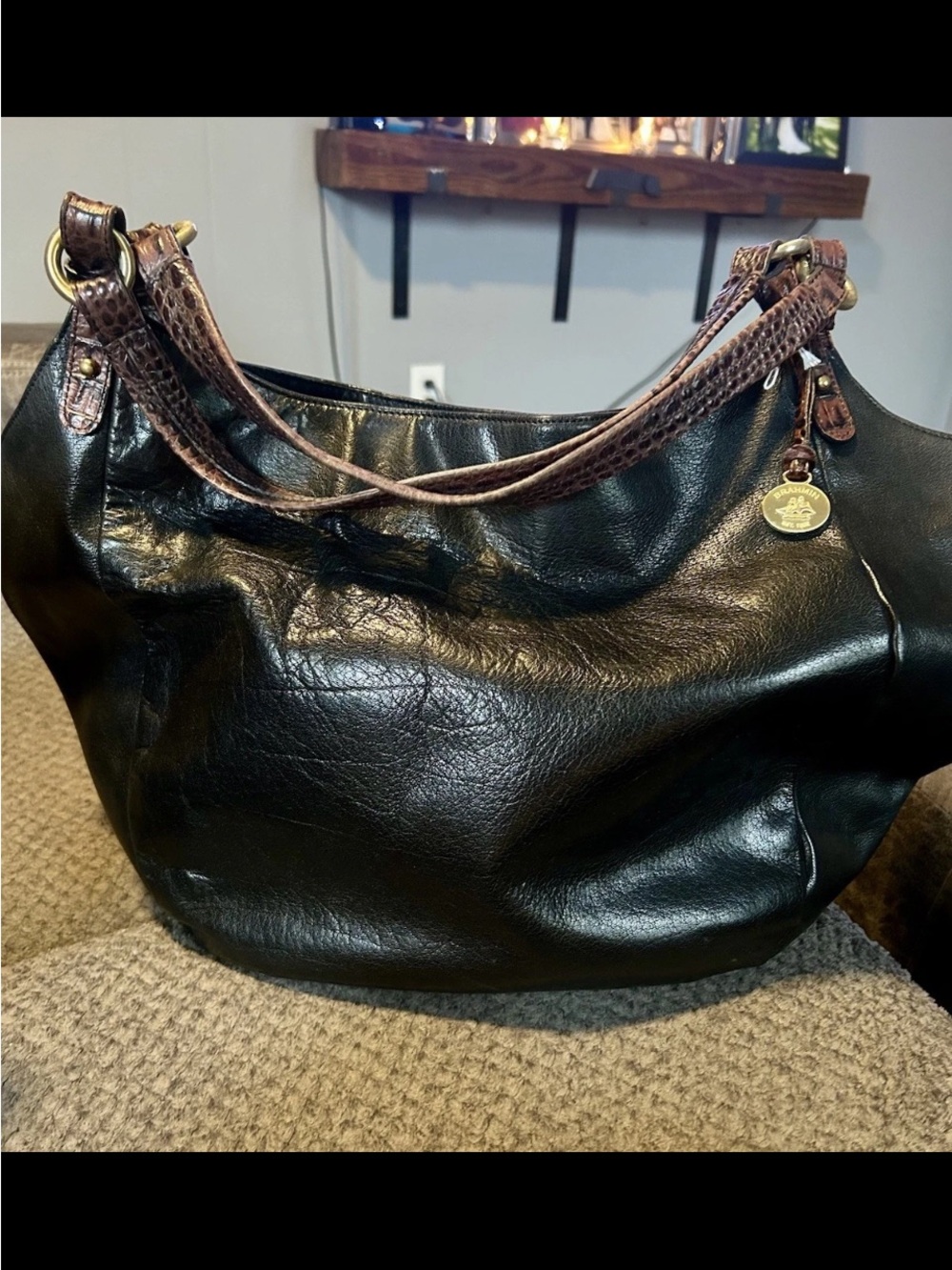 Brahmin Tuscan Black Leather Hobo Bag with Brown Trim